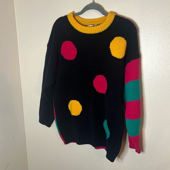 Vintage Sweaters - 80s Acrylic Bright Print Polka Dot Stripes Sweater Large Circus Clowncore